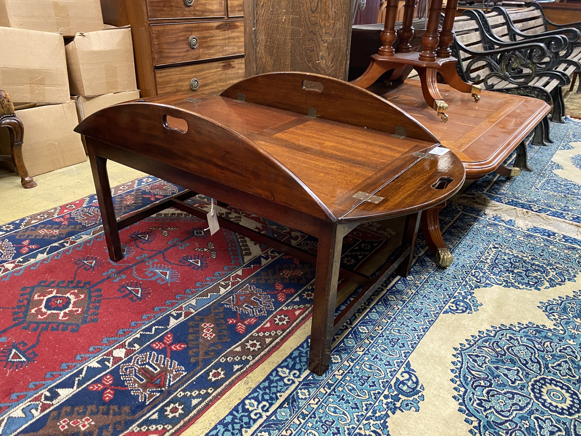 A George III style mahogany folding butler's tray on stand, width 90cm, depth 60cm, height 62cm